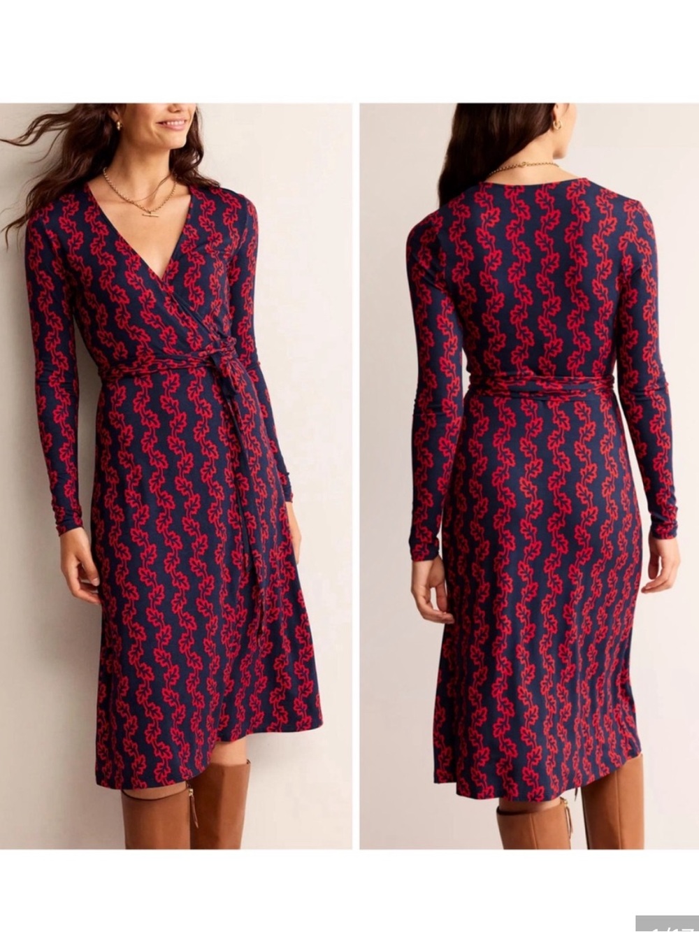 Boden Nina Wtap Belted Mifi Dress Blue & Red Abstract Floral Print SZ 20-22R